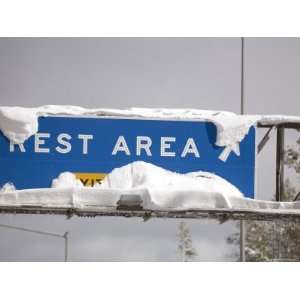 Rest Rea Sign at Donner Summit Covered in Fresh Snow, California 