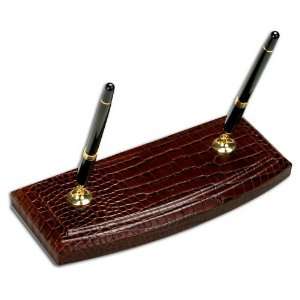  Brown Crocodile Embossed Leather Double Pen Stand Office 