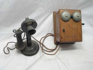   CANDLESTICK TELEPHONE W/OAK WALL RINGER BOX PHONE AMERICAN BELL  