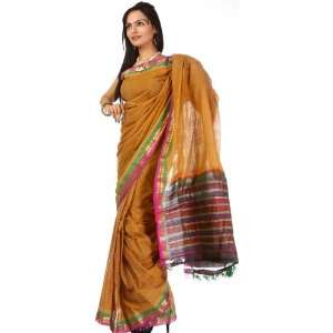 Ochre Handwoven Gadwal Sari with Zari and Striped Anchal   Pure Cotton