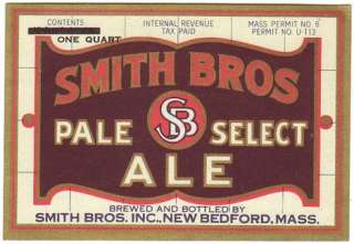 1930s Smith Bros Ale IRTP U# Label   New Bedford, MA  