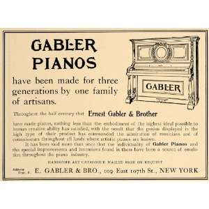  1905 Ad Ernest Gabler Pianos 109 E. 107th St. New York 