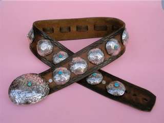  OLD PAWN SILVER TURQUOISE CONCHO BELT INDIAN MADE VINTAGE WESTERN WEAR