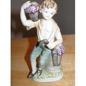  Vintage Ceramic Figurine   Boy with Grape Harvest Baskets 