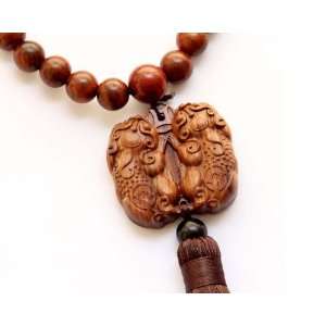   Wood Chinese Fortune Twin Pi xiu Amulet Pendant with Mala Jewelry