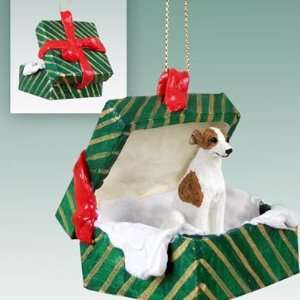   Whippet Green Gift Box Dog Ornament   Brindle & White