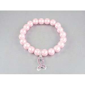    Pink Ribbon with Pink Pearl Stretch Bracelet 
