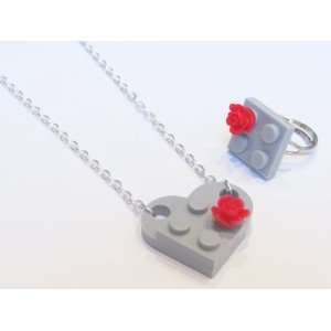   Gray Upcycled LEGO Heart Necklace with Red Rose and Ring Set Jewelry