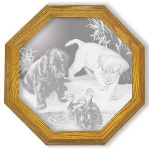  Etched Mirror Puppies and Ducks Art in Solid Oak Octagon 