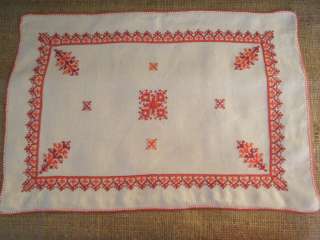Red and White Hand Embroidered Cross Stitch Dresser Scarf Vintage 