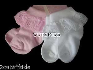 Baby Girls Frilly Socks Broderie Anglais Lace Frill Pink or White NEW 