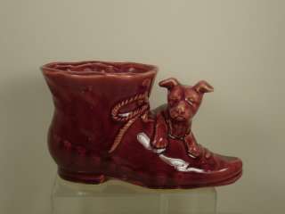 Vintage USA Dog and Shoe Boot Reddish Brown Ceramic Planter  