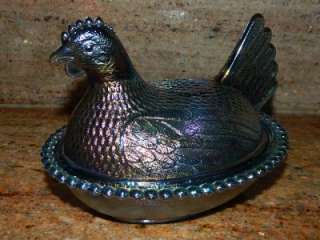Vintage Indiana Blue Carnival Glass Hen on Nest  