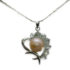    Half Flower Heart Pink Pearl Pendant in a Silver Chain Jewelry