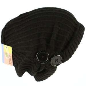   Beanie with Button Black Slouchy Baggy Style Skull Cap Ski Hat Ribbed
