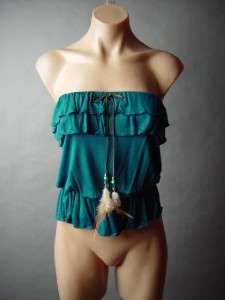   70s Vtg y Bohemian Ruffled Beaded Feather Tie Tube Top Shirt L  