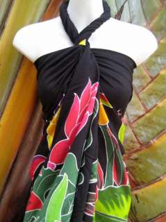 Sarong Handpainted Black Hawaiian Flowers Wrap Dress  