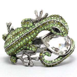   Silvertone Green Ctystal Gecko Lizard Hinged Bangle Bracelet Jewelry