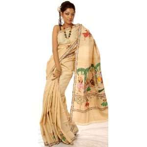 Beige Hand Painted Pata Chitra Sari from Orissa with Lord Krishna on a 
