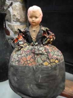 19c antique LARGE DOLL TOP PIN CUSHION hat sewing  