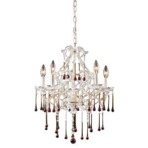  5 Light Chandelier In Antique White And Amber Crystal 