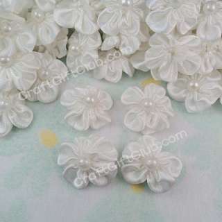 100 White Satin Flower Pearl Bead Applique Gift Wedding  