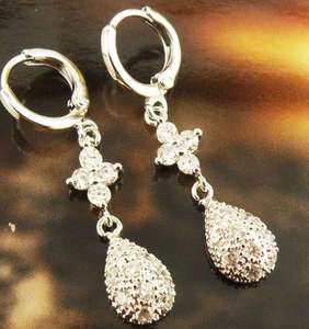 Lovely White Topaz Gems Dangle 14k Real White Gold Filled Earrings 