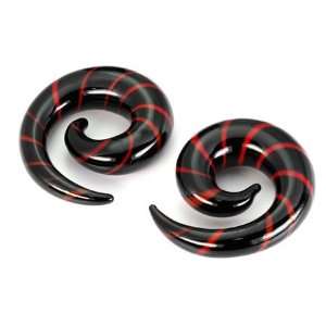    Pair Black and Red Pyrex Glass Spiral 0g 0 gauge 8mm Jewelry