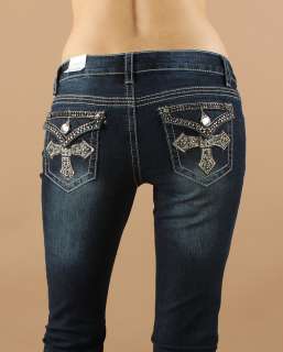 Dazzling Crystal Cross Flap Back Pocket Dark Blue Bootcut Jean 