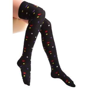    Multi Color Heart Black Thigh High Socks Size 9 11 
