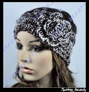 100% Hand Knit Craft Head Wrap Headband Cap Crochet Flower Brown 