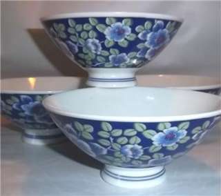 Vintage Porcelain Rice Bowls Blue Apple Blossoms Green Leaf Oval 