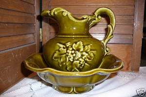 Vintage McCoy green small bowl and pitcher grape cluster design 