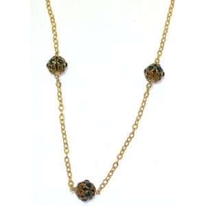   Ball Strand Necklace With 3 Montana Blue and Topaz Swarovski Crystals