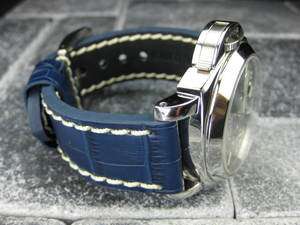 BIG CROCO 24mm LEATHER STRAP Band Blue with White Stitch for PANERAI 