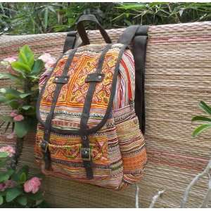 backpack from embroidered fabric and leather strap hmong bag boho bag