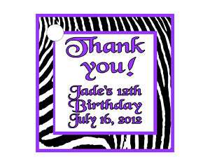 Purple Zebra Girl Birthday Favors Gift Tags Square Personalized  