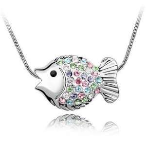  18K Gold Plated Mixed Color Crystal Fish Pendant Necklace 