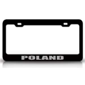 POLAND Country Steel Auto License Plate Frame Tag Holder, Black/Silver