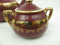 Hall Pottery China Maroon Boston Teapot Creamer Sugar Bowl Set Gold 