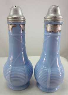 Vintage 1930s Blue Milk Glass Art Deco Salt Shakers  