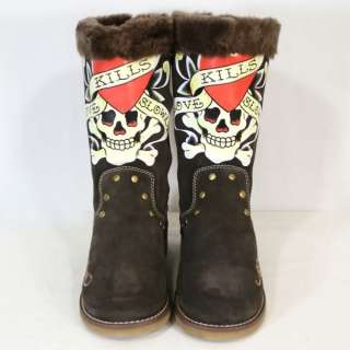 New Ed Hardy Strap Love Kills Slowly Brown Boots Shoes  