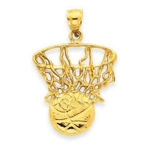  14k Yellow Gold Swoosh Basketball and Net Pendant Jewelry