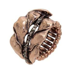 Burnish Copper Plated Leaf Fashion Ring with Hematite Crystal Accents