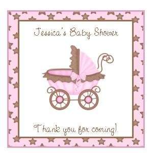 20 Baby Shower Favor Tags   Square   Pink/Brown Buggy  