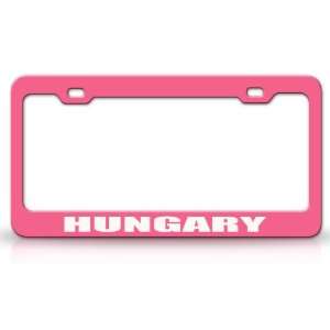 HUNGARY Country Steel Auto License Plate Frame Tag Holder, Pink/White