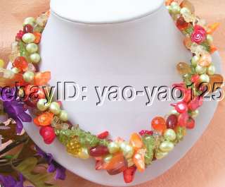 New Design 4Strd Green Pearl&Peridot&Coral Necklace  