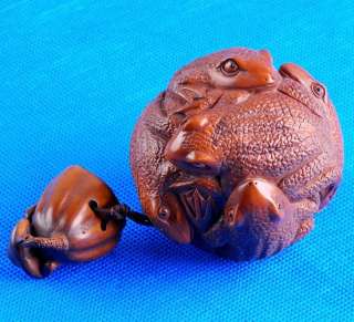 Hand Carved Wood Boxwood Inro Toad Ball Netsuke Carving  