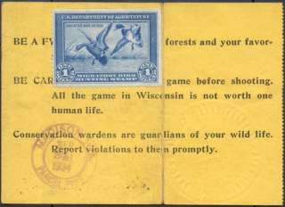 RW1 DUCK USED ON STATE OF WISCONSIN HUNTING LICENSE  