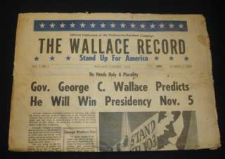 1968 George Wallace Newspaper THE WALLACE RECORD Vol 2 #1 Collectors 